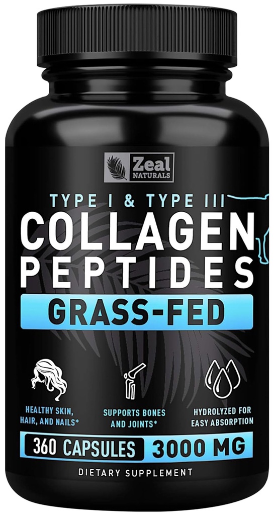 Zeal Naturals Collagen Peptides Collagen Pills (360 캡슐) Grass Fed Collagen Pepetide Powder - JointTendon SupplementHair Skin 및 Nails 용 Hydrolyzed Collagen Powder -