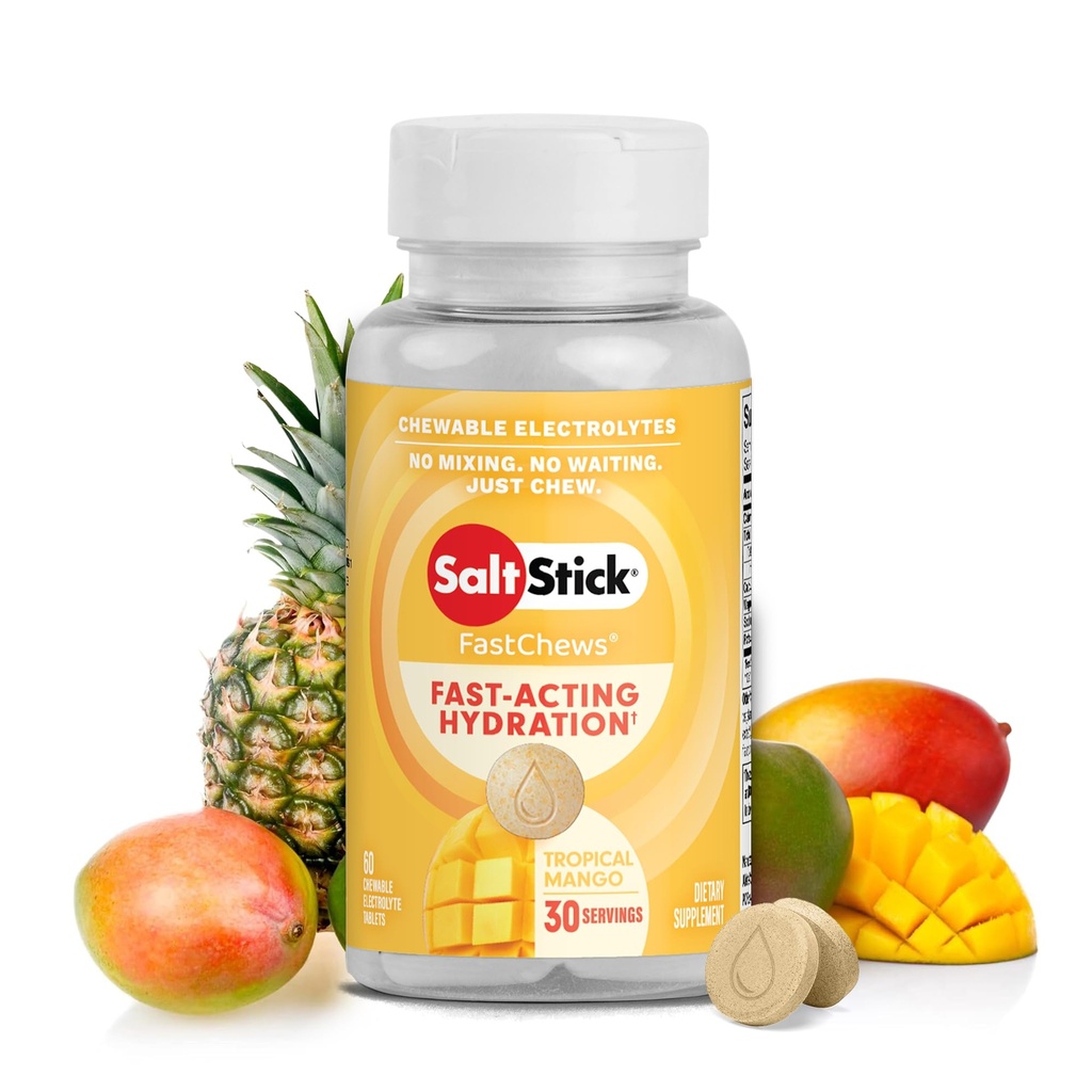 SaltStick Electrolyte FastChews - 60 Tropical Mango Chewable Electrolytes - 달리기와 Hydration, Electrolyte Chews를위한 소금 정제 - 60 카운트