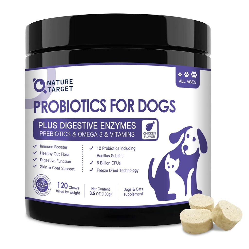 개를위한 NATURE TARGET Probiotics, 6 억 동결 건조 개 프로바이오틱스 Prebiotics & 효소, 비타민, 오메가 3, Digestive & Gut Health, Itch Relief, Reduce Diarrhea, 120 비트