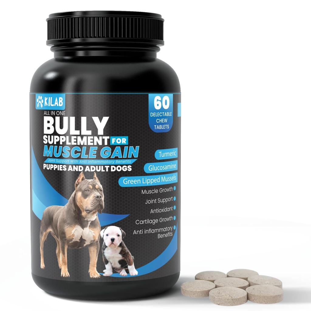Kilab Dog Weight Gainer – 60-Count Muscle Builder Dog Supplement – 개, 강아지 및 성인을위한 근육 성장 보충교재 – Turmeric, 글루코사민, 녹색 찢긴 머슬을 가진 Bully 성장 공식