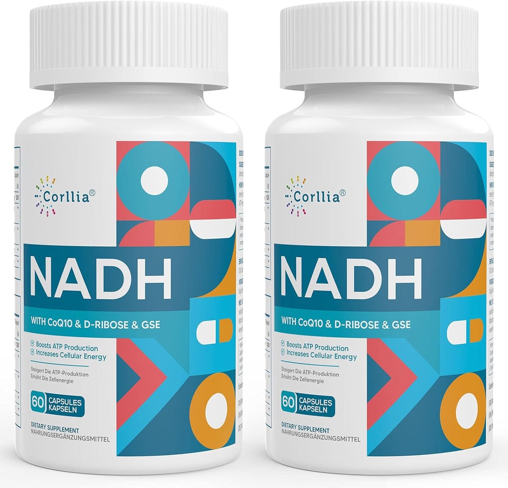 NADH 50mg + CoQ10 200mg + D-Ribose 150mg 보충교재, 강화된 NAD+ 에너지, 피로, 감소된 Nicotinamide Adenine Dinucleotide, 120의 Veggie 캡슐을 위한 보충교재