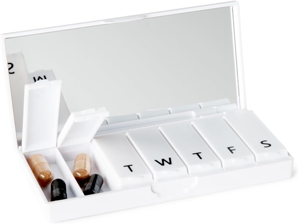 PORT X POLISH Designer Weekly Pill Box 주최자 (Single 1X Daily, Crisp White) | 컴팩트하고 세련된 7 일 비타민 보충 케이스 | 귀여운 휴대용 미니 여행 의학 캐리어 | BPA-Free Pillbox Caddy