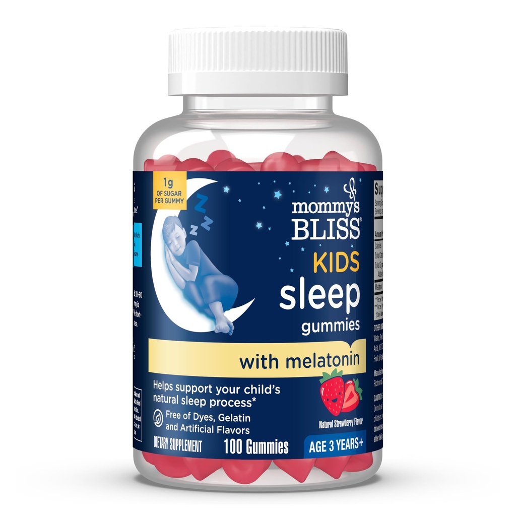 Mommy's Bliss Kids Sleep Melatonin Gummies, 인공 색소, 향료 또는 젤라틴과의 비 하 비트 형성 - 나이 3 년 + - 딸기 풍미 - 100 수면 Gummies