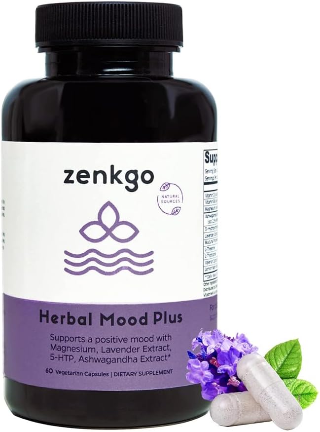 Zenkgo Ashwagandha, 5-HTP, Lavender, Mucuna, L-tryptophan - Mood Support Supplement, Plant-Based, Herbal Mood Plus는 Calm Mind & Stress Relief, Emotion Blalance, Positivity (60Ct/30Day)와 함께 도움이됩니다.