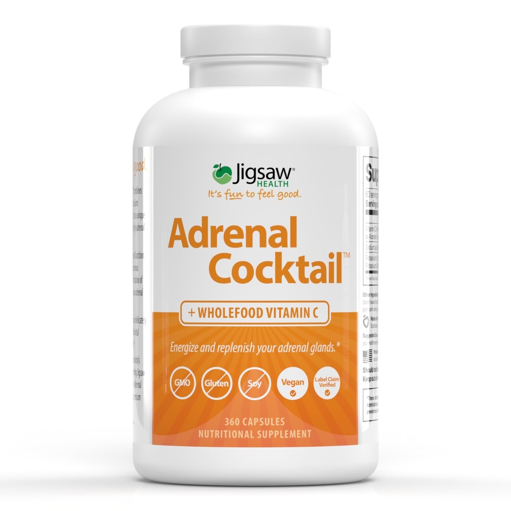 지그saw Health Adrenal 칵테일 + Wholefood 비타민 C | 칼륨 중탄산염, 바다 소금, Acerola Cherry Extract | 360 캡슐 | 60 서빙