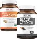 Black Seed Oil & Organic Ashwagandha의 번들 - Renew & Recharge Bundle - Black Seed Oil - 120 Soft-gel 캡슐 (Non-GMO & Vegetarian) 및 유기 Ashwagandha 뿌리 분말 1350mg 봉사 (120 정제)