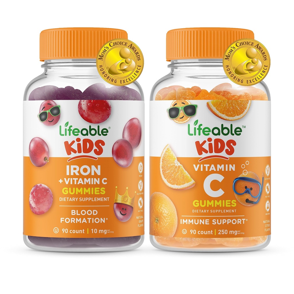 Lifeable Iron & Vitamin C Kids + 비타민 C Kids, Gummies 번들 - 훌륭한 타스팅, 비타민 보충, 글루텐 무료, GMO 무료, Chewable Gummy