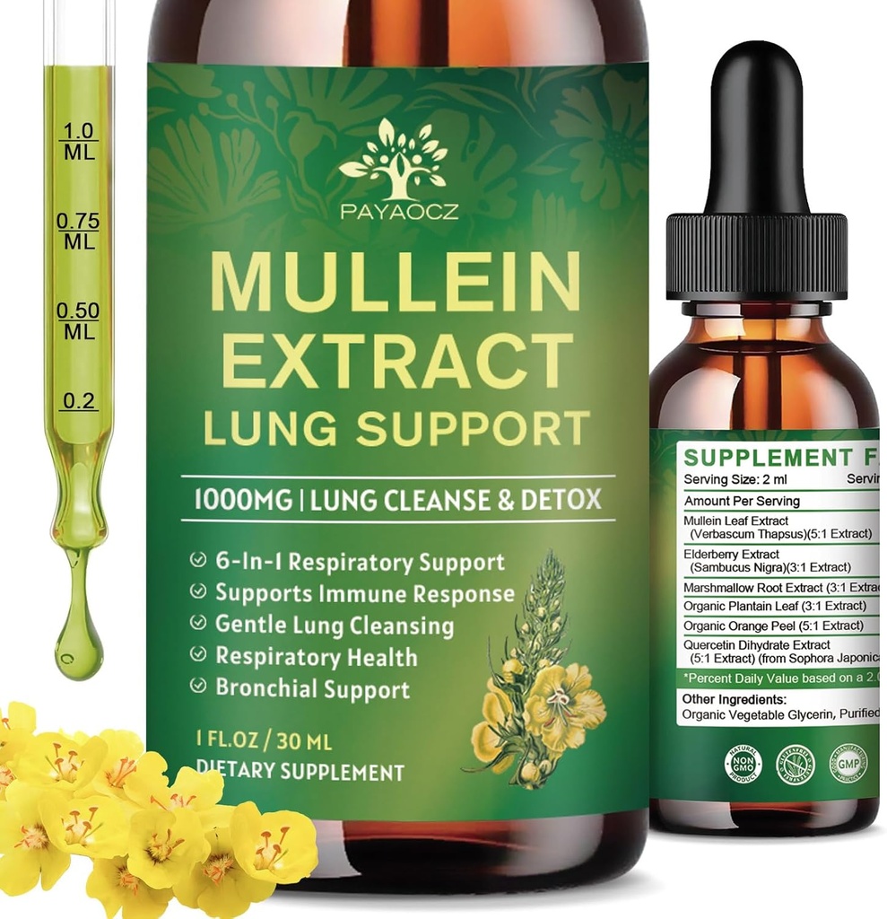 (2 팩) 6 Lungs, Lungs, Detox Cleanse & Respiratory for Breathing Health, Mullein Oil Supplement Immune Support, Vegan, 1 Fl Oz