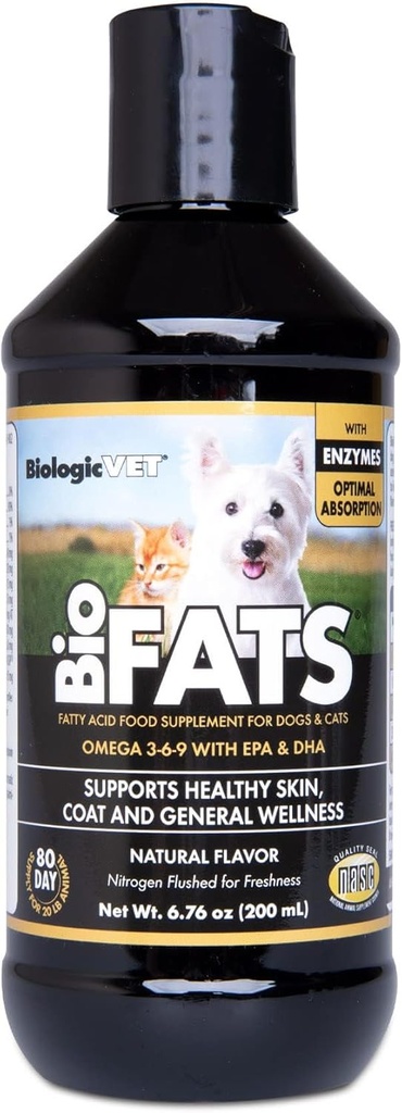 BiologicVET BioFATS - 오메가 3, 6 및 9 - EPA, DHA 및 ALA - 개 및 고양이 - 피부 및 관절 건강 지원 - 물고기, Flaxseed 및 올리브 오일 포함 - 6.76 fl. oz.