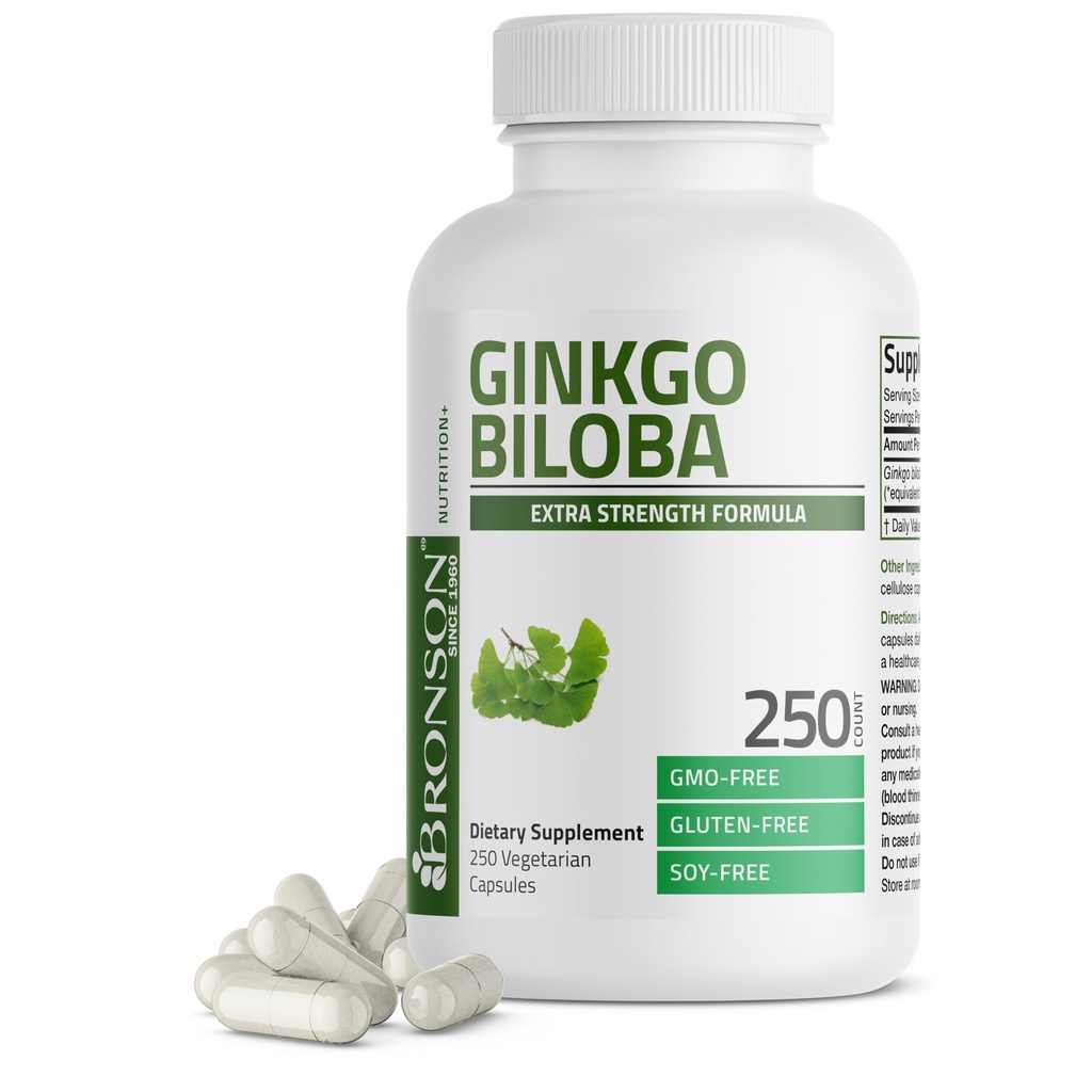 Bronson Ginkgo Biloba 여분 힘 지원 뇌 기능 & 기억 지원, 250 채식 캡슐
