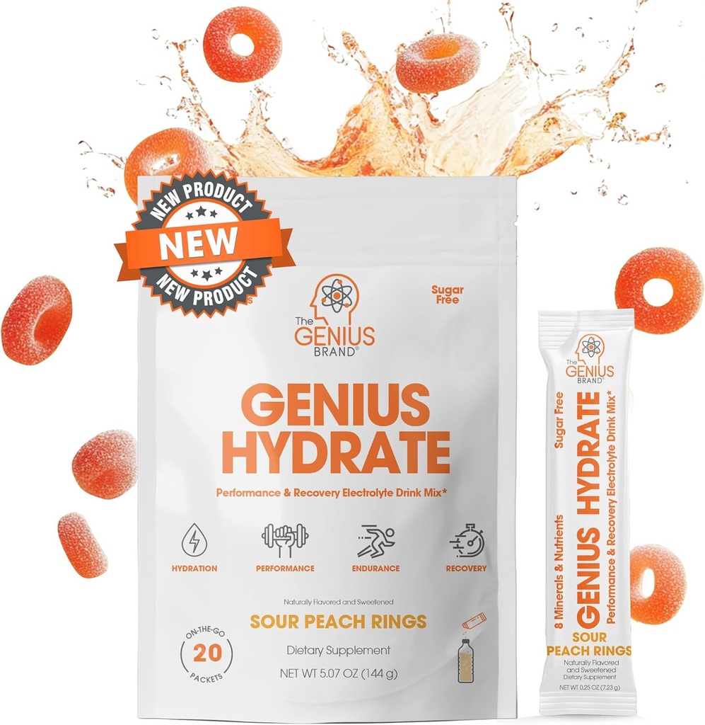 Genius 브랜드 Genius Hydrate - 매일 Hydration 용 Electrolyte 보충 - 코코넛 워터 - Sugar-Free - 8 Essential Minerals & Nutrients - Non-GMO - Sour Peach Rings - 20 서빙