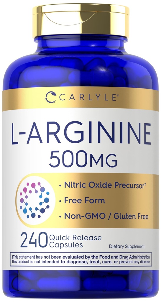 Carlyle L-Arginine 500 mg 캡슐 | 240 개 | Nitric Oxid Precursor | 무료 양식 아미노산 | 비 GMO 및 글루텐 무료 보충