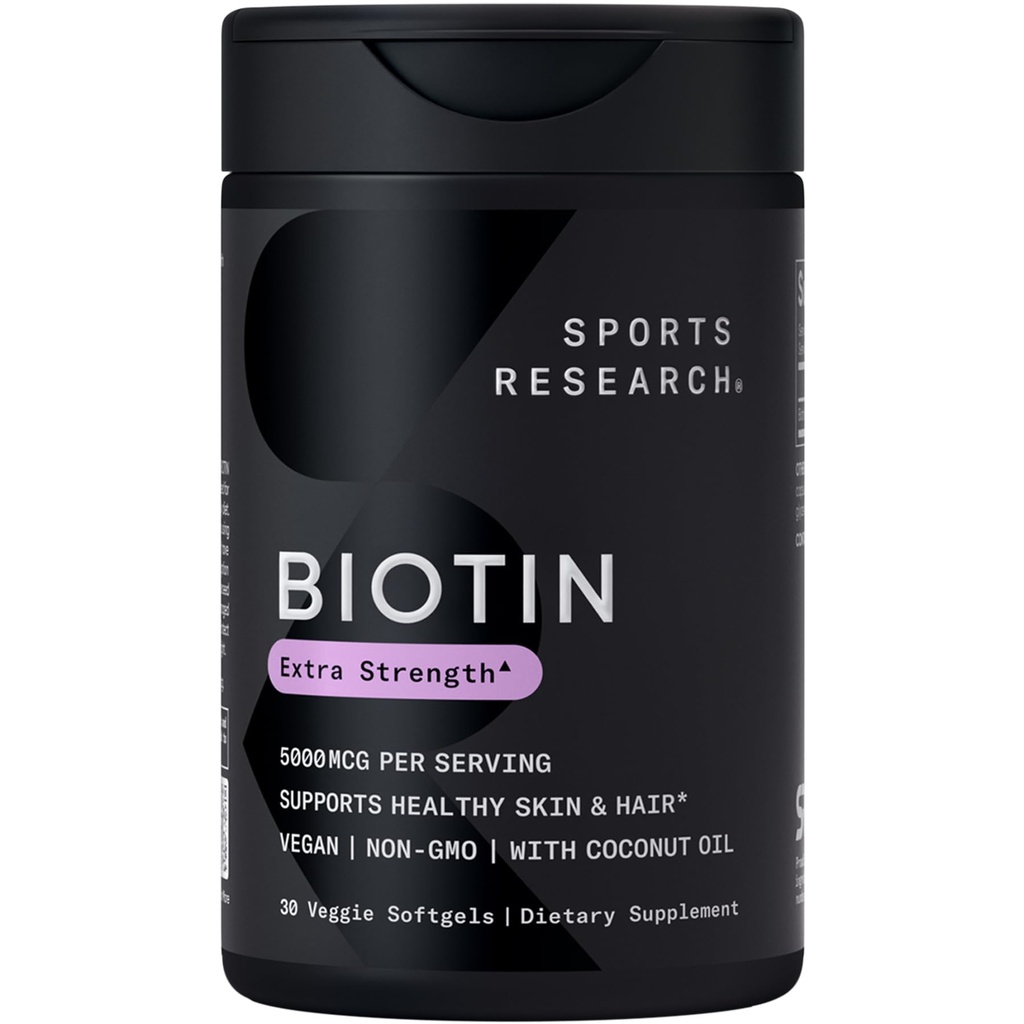 Sports Research® Biotin 5,000mcg with Organic Coconut Oil - Biotin (Vitamin B7) for Healthy Skin and Hair Support* - 여성 및 남성용 - Vegan, Non-GMO, 글루텐 & Soy-Free - 30 Veggie Softgel