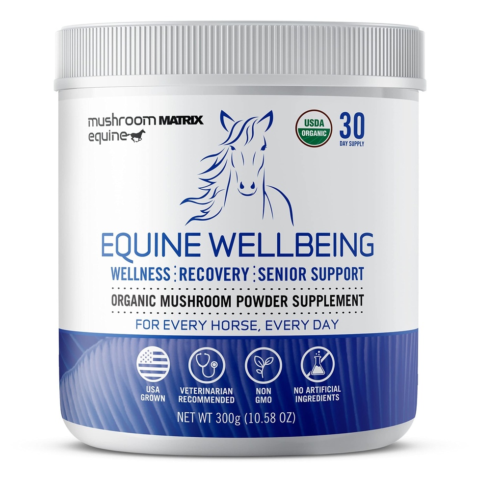 Om Mushroom Matrix - Equine | Wellbeing | USA Grown Human-Grade Organic Mushroom Powder Show Safe Horse Supplement | Wellness, Recovery, & Senior Support | 300 그램, 10.5 온스