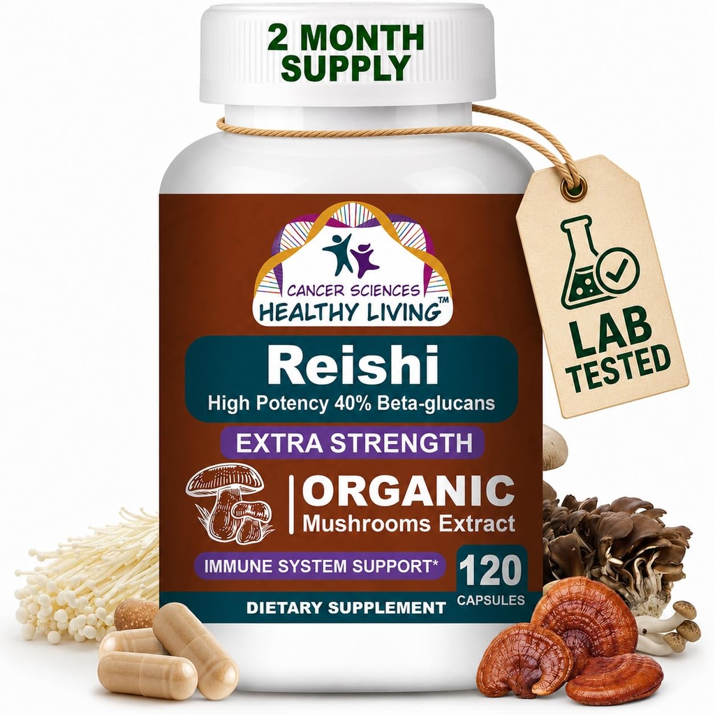 CANCER SCIENCES Reishi 웰니스 버섯 보충교재 캡슐, USDA는 유기 버섯 추출물, 여분 힘 1,500 mg의 높은 힘 40% beta 포도당, 면역력 지원, 노화 방지, 120의 캡슐을 증명했습니다