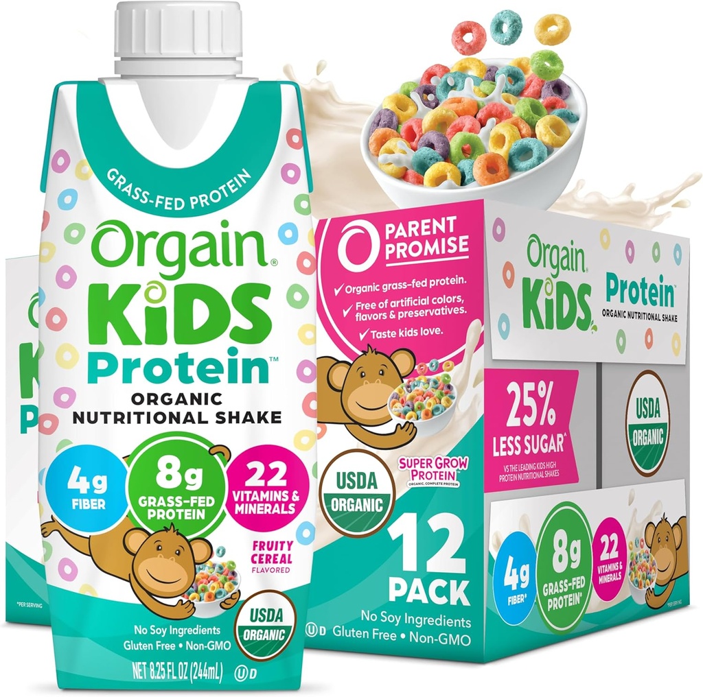 Orgain Organic Kids Nutritional Protein Shake, Fruity Cereal - 8g Dairy Protein, 22 비타민 및 미네랄, 과일 및 야채, 글루텐 무료, Soy Free, Non-GMO, 8.25 Fl Oz (12 팩)