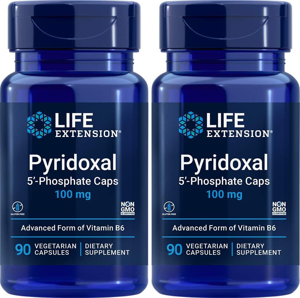수명 연장 Pyridoxal-5 '-Phosphate 모자 P5P 100 mg, 90 Veg 캡슐 (팩 2) - 고급 비타민 B6 보충