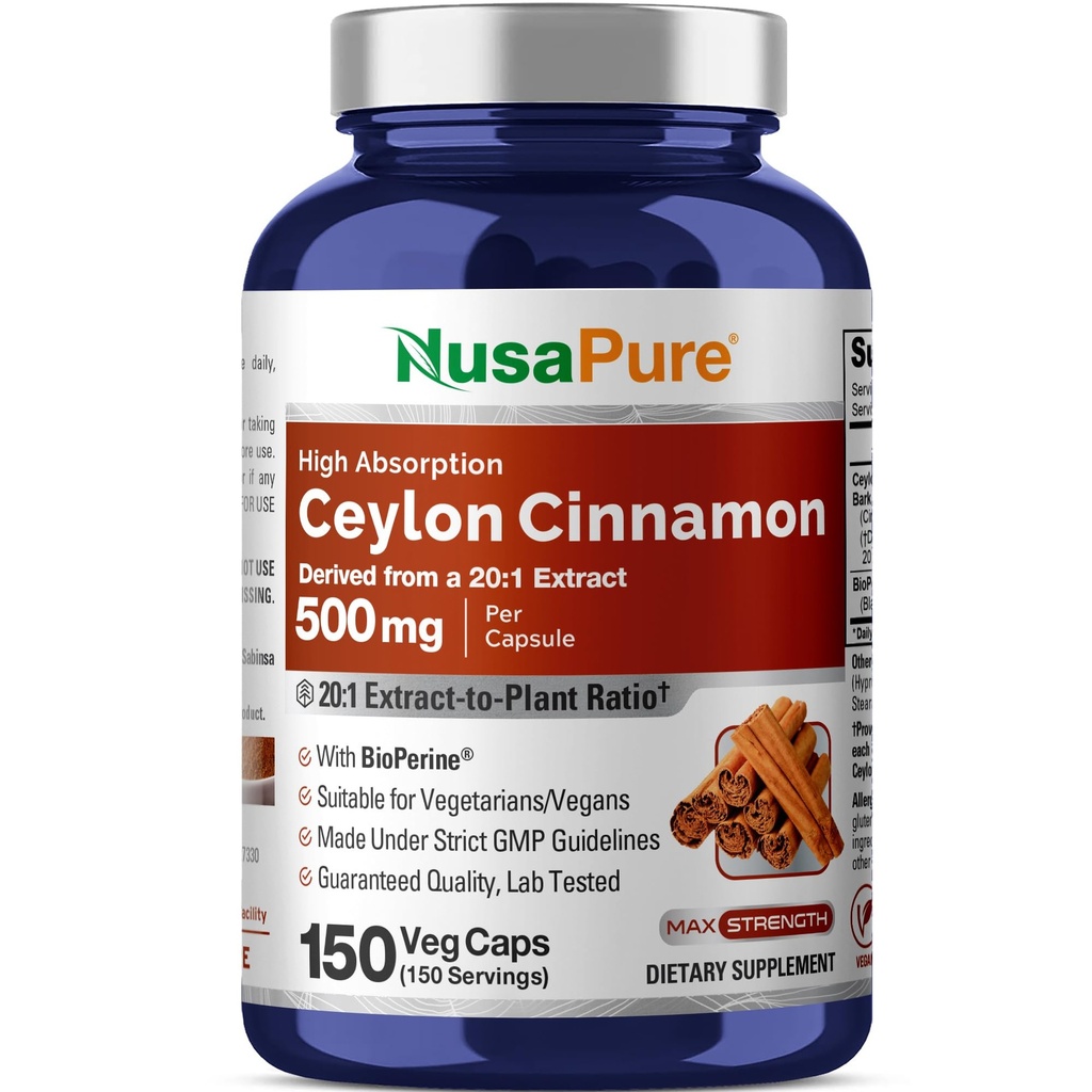 NusaPure Ceylon Cinnamon20:1 추출물, 모자 당 10,000 mg에 동등한 500 mg | 150의 Veggie 캡슐 | 비 GMO, Bioperine를 가진 Vegan