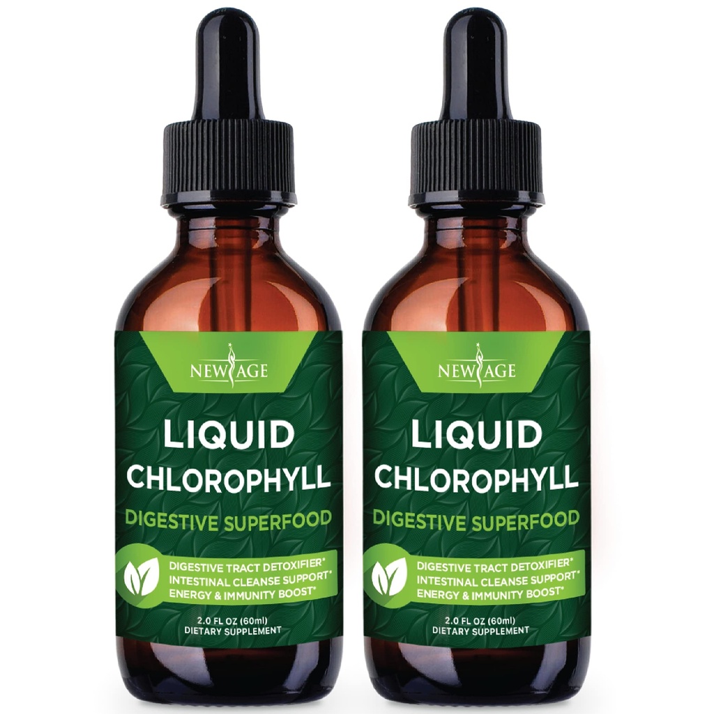 NEW AGE Chlorophyll Liquid Drops - 천연 농축물 - 에너지 부스터, 소화 및 면역 시스템 지원, 내부 탈취제, 간기능 - (2 Fl Oz (Pack of 2))
