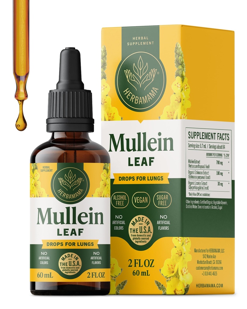 HERBAMAMA Mullein Drops for Lungs - Lungs Cleanse Support 용 Vegan Mullein 잎 추출물 - Non-GMO, 알코올 및 설탕 자유로운 호흡기 보충교재, 28 일 공급