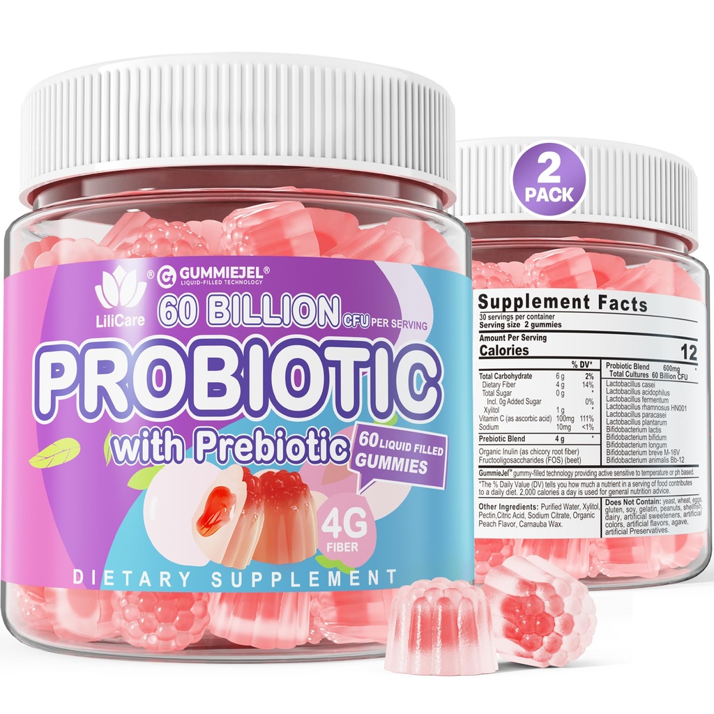 2Pack Probiotic + Prebiotics Gummies Sugar 무료 60 억 CFU, 11 Strains Probiotics 여성 남성 소화 건강 및 Gut 건강에 대한 Gummies를 채우고, Constipation, Diarrhea, 가스 및 Bloating 지원