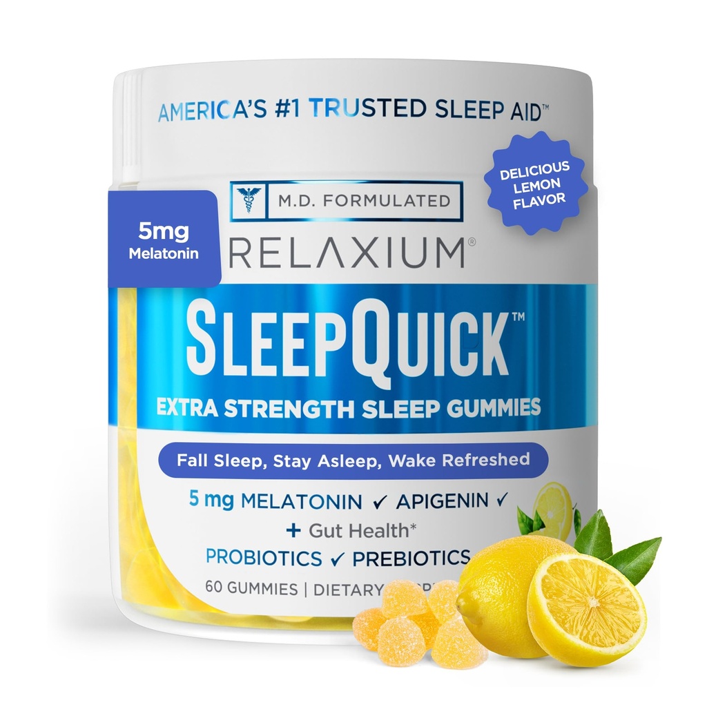 Relaxium Sleep Quick Gummy, 수면 보조 지원, 5 mg 멜라토닌, 비타민 D-3, Prebiotic & Probiotic Blend, 글루텐 & 약 무료, 레몬 맛, 60 구미