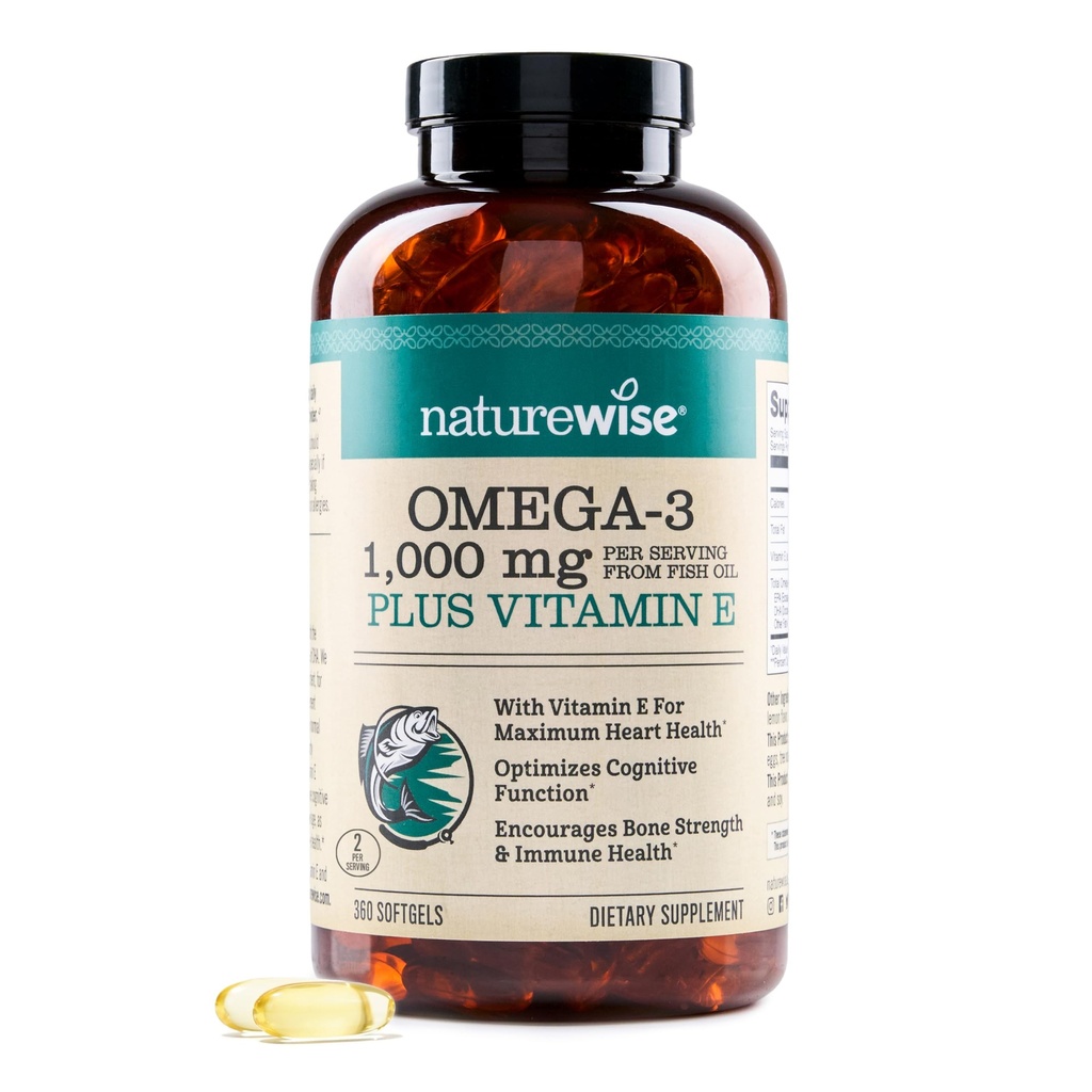 NatureWise Extra-Strength Omega 3 Fish Oil Supplement - 봉사 당 1000mg - 600 EPA & 400 DHA와 비타민 E - 심장 및 두뇌 건강 지원 - 레몬 맛, GMO-Free - 360 Softgels[6-달 공급]