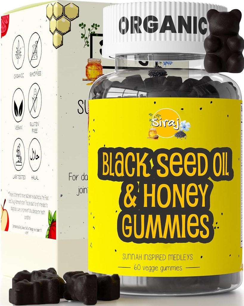Siraj Organic Black Seed Oil Gummies w/Honey &15% Thymoquinone | 면역 지원 멀티비타민, 스트레스 릴리프 거미 비타민 | 심황, Apple Cider Vinegar, Multivitamin Gummies