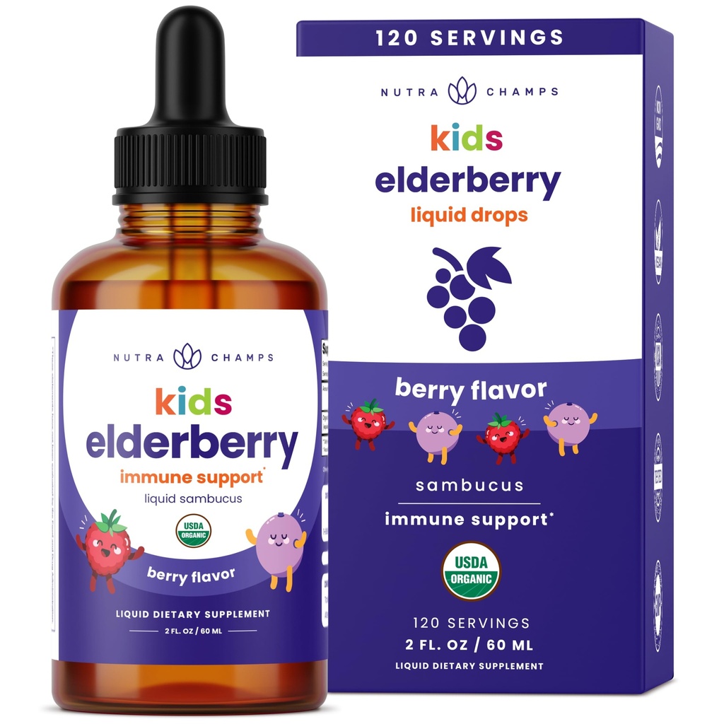 NutraChamps Black Elderberry for Kids Liquid Drops, 10 : 1 추출물 Sambucus Elderberry Syrup for Kids, 설탕 무료 유럽 Elderberry Drops Berry 풍미, 면역 지원, 4 개월 공급