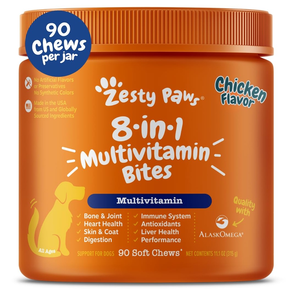 Zesty Paws Dog Multivitamin, Chewable Dog Vitamins and Supplements for Hip & Joints, Skin & Coat, Dogs- Senior & Puppy Multivitamin- Chicken- 90ct 용 오메가 3 물고기 오일