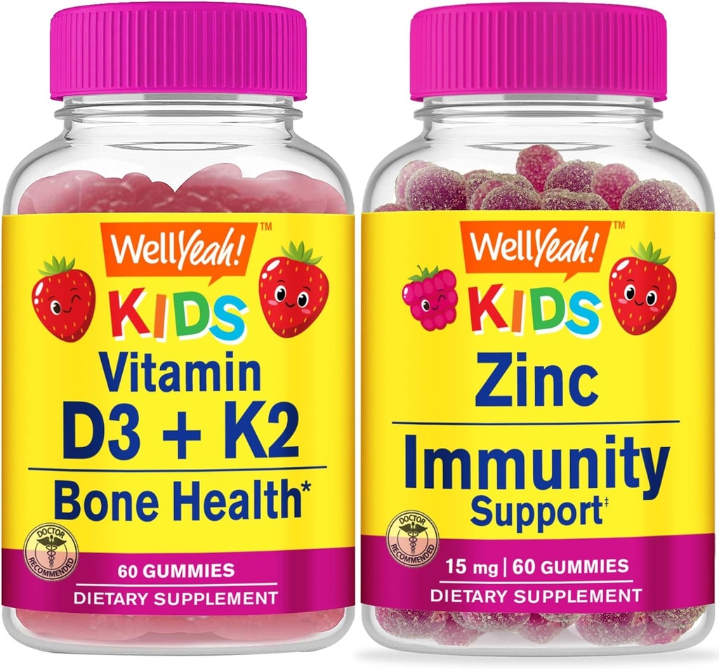 WellYeah 비타민 D3 + K2 키즈 + 아연 키즈 15mg, Gummies 번들 - 훌륭한 타스팅, 비타민 보충, 글루텐 무료, GMO 무료, Chewable Gummy