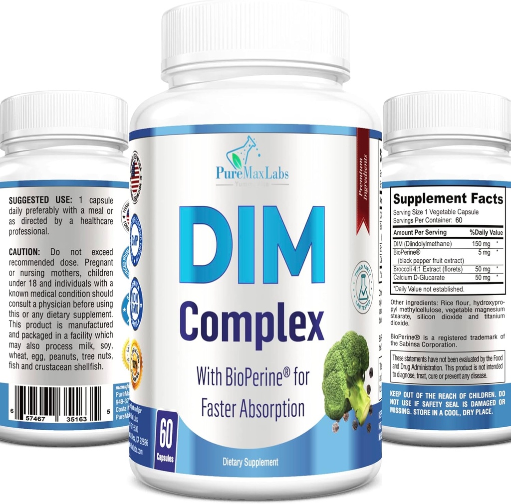 DIM 보충교재 – 150mg DIM (diindolylmethane), 브로콜리, 칼슘 D-Glucarate & Bioperine - 남자를 위한 호르몬 균형 & 여자, 에스트로겐, Menopause 균형 - 60의 캡슐