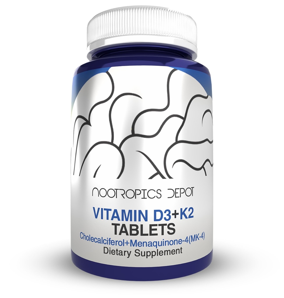 Nootropics Depot 비타민 D3 + 비타민 C 정제가있는 K2 | 60 개 | Cholecalciferol + Menaquinone-4 (MK-4) | 무드 및 뼈 건강 | 건강한 칼슘 흡수