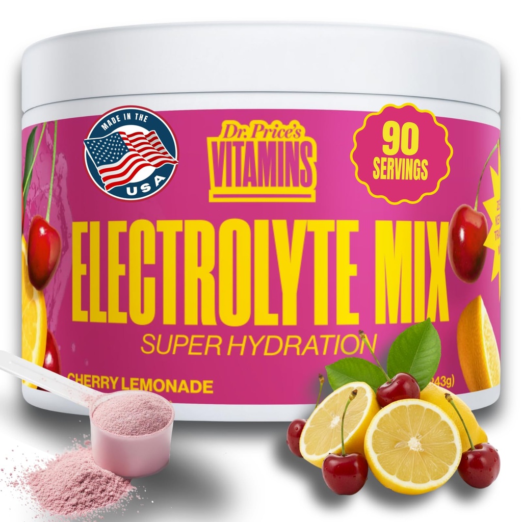 Dr. Price’s Electrolyte Mix | 슈즈프리 히어링 파우더 72+ Trace Minerals | 설탕 없음, 빠른 용해 전해질 분말 패킷 | Cherry Lemonade, 90 서빙