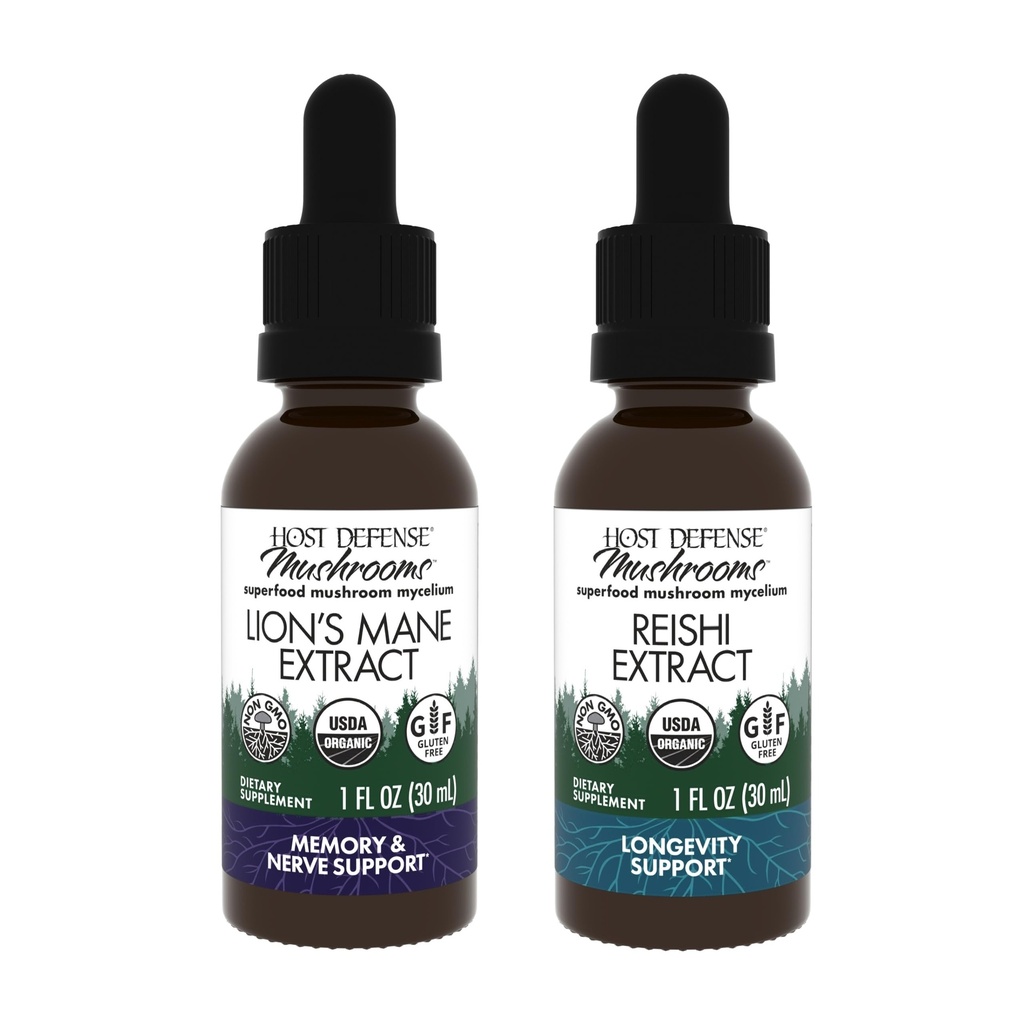 Lion 's Mane Extract, 1 fl oz & Reishi Extract, 1 fl oz - 지원 뇌 건강, 기억 및 초점 - 지원 심장 및 면역 건강 *
