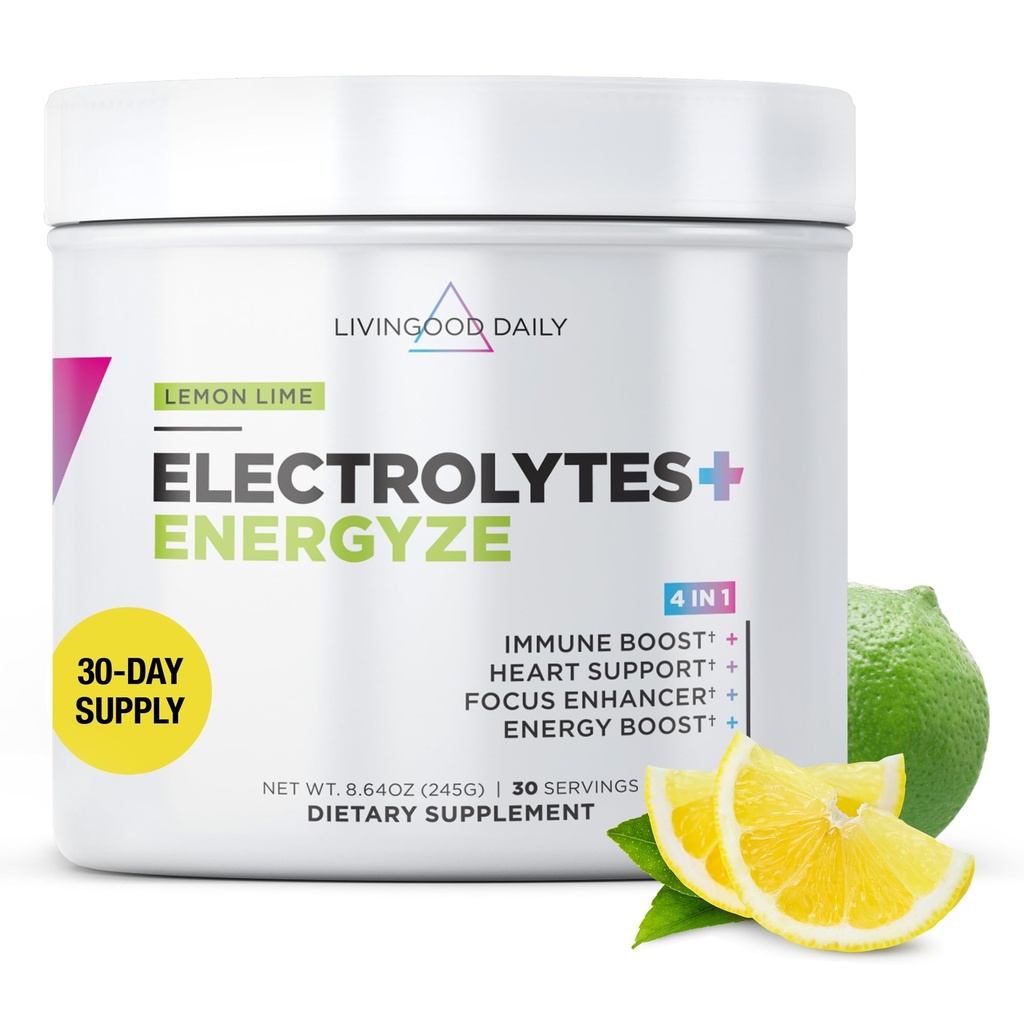 Livingood 매일 Electrolytes 분말, 비타민 C, 타우린, D 늑골 & FOS, 설탕 자유로운 Electrolyte 음료 혼합, Keto, 글루텐 자유로운, 레몬 Lime 풍미, 30의 서빙