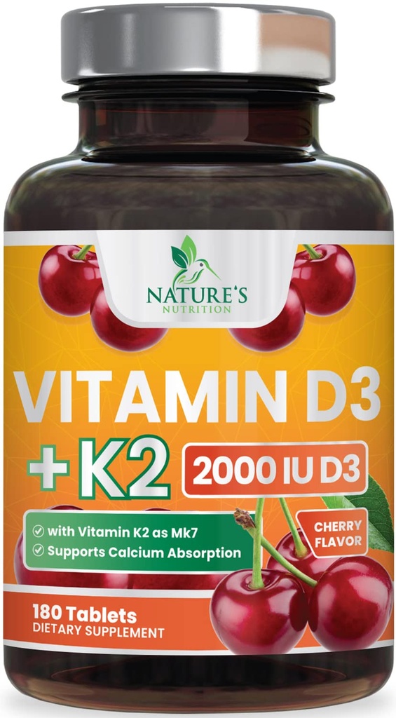 비타민 D3 K2 2000 IU 플러스 K2 (MK-7) 75 mcg - 뼈, 이, 근육, 칼슘 흡수, 지원 면역 & 심장 건강, 비 GMO 체할 수 있는 공식 - 180 정제를 위한 비타민 D & K 복잡한 보충교재