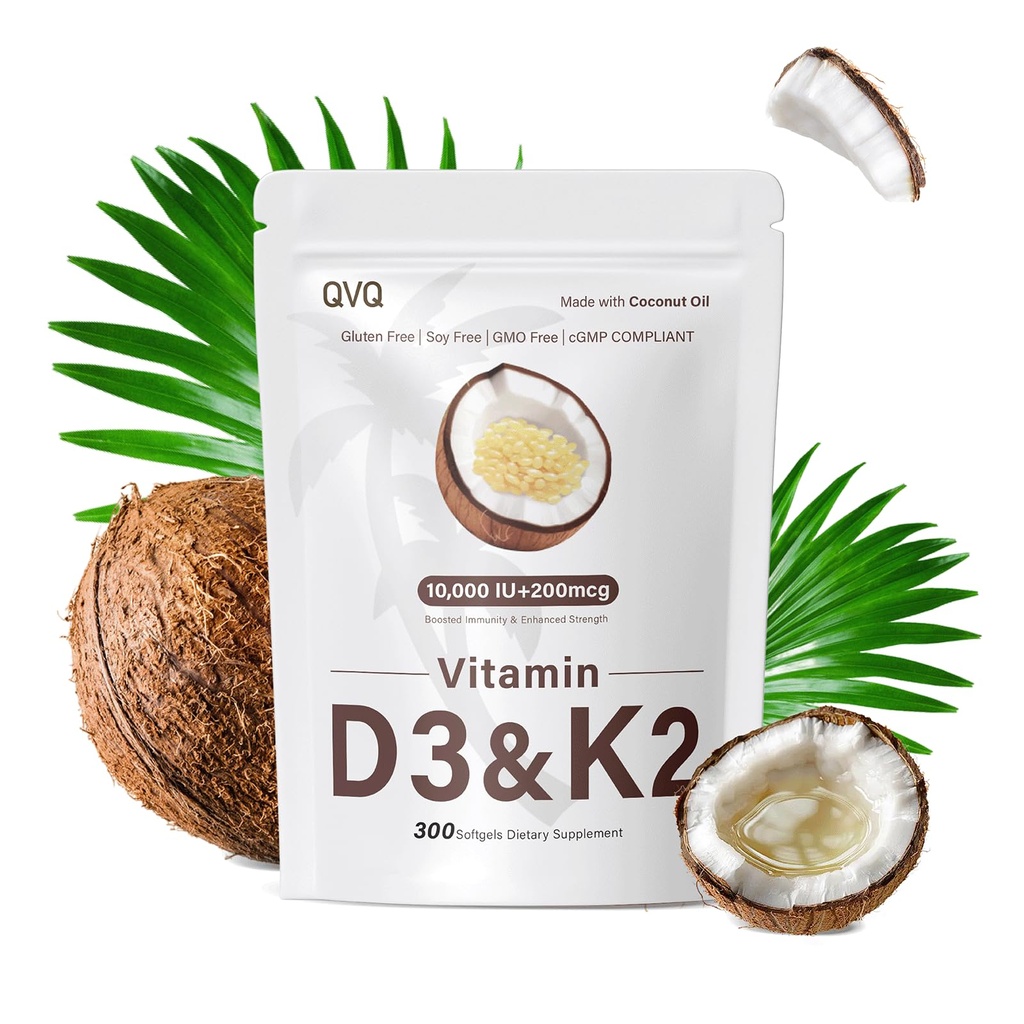 300 PC 2 1 비타민 D3 10000 iu 플러스 K2 (MK-7) 200 mcg 버진 코코넛 오일 Softgels 비타민 D & K 지원 칼슘 흡수, 뼈, 면역, & 심장 건강 - 삼키기 쉬운