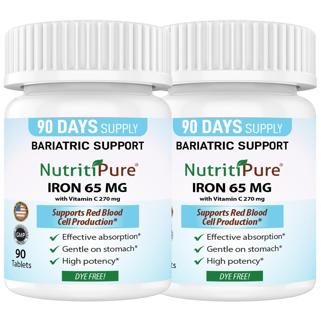 카닐 철 정제 270 mg 비타민 C와 65 mg |180 일 공급 | 여성/남자를 위한 | 가스로 우회를 포함하여 WLS 환자를 위한 높은 힘 Bariatric 비타민 | 염료 무료 (2)