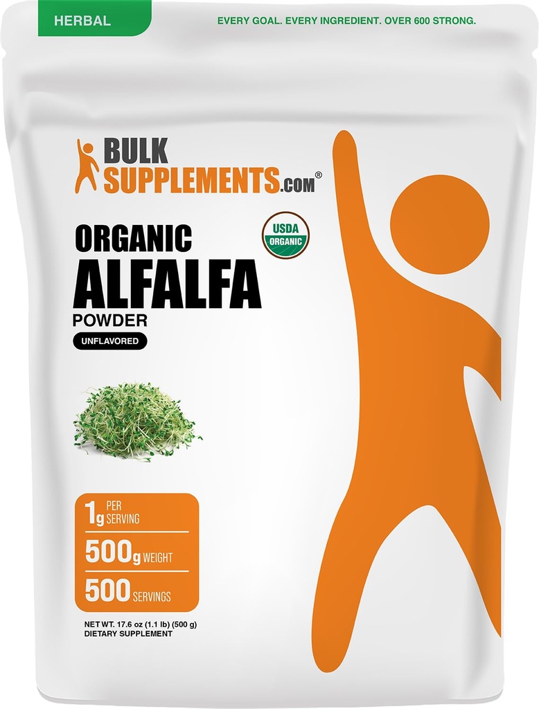 BulkSupplements.com 유기 Alfalfa 잔디 분말 - Alfalfa 보충, 녹색 슈퍼 푸드 분말 - Vegan & 글루텐 무료, 서빙 당 5g, 500g (1.1 파운드) (팩 1)