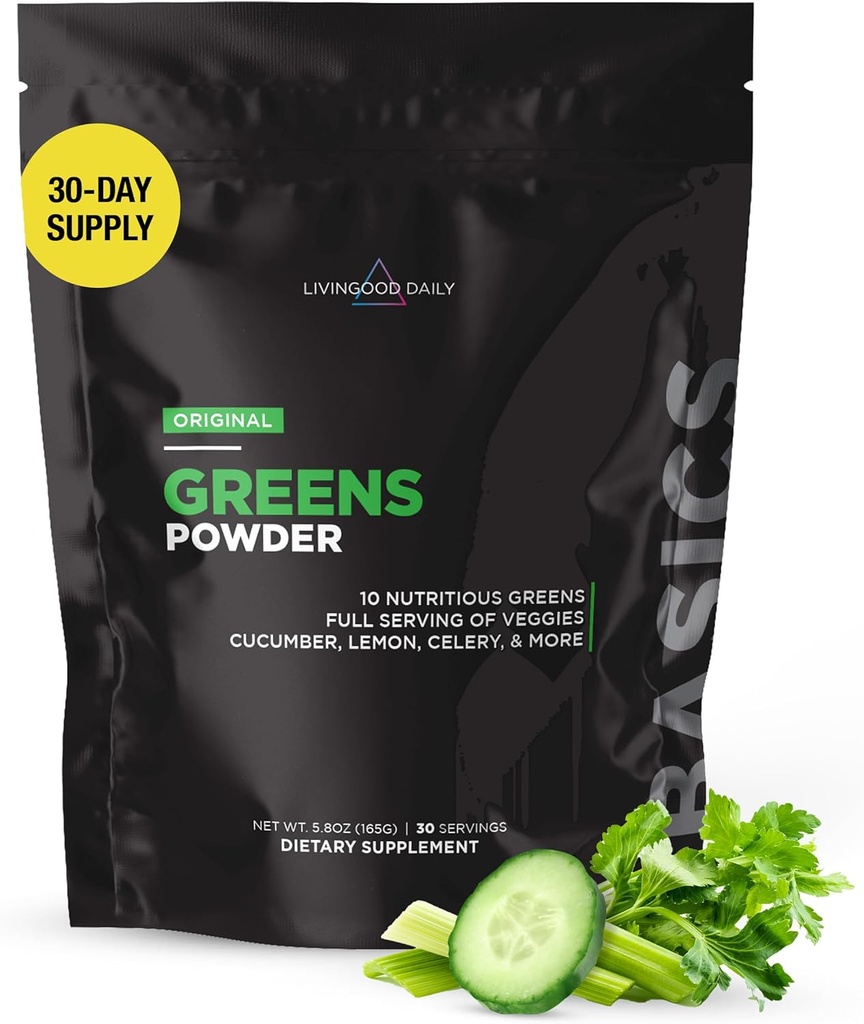 Livingood Daily Basic Greens Powder, 슈퍼 그린 음료는 Spirulina, Broccoli, Kale, Wheat Grass & Chlorella, 유기 야채 혼합, Vegan, 글루텐 무료, 비 GMO, 30 서빙