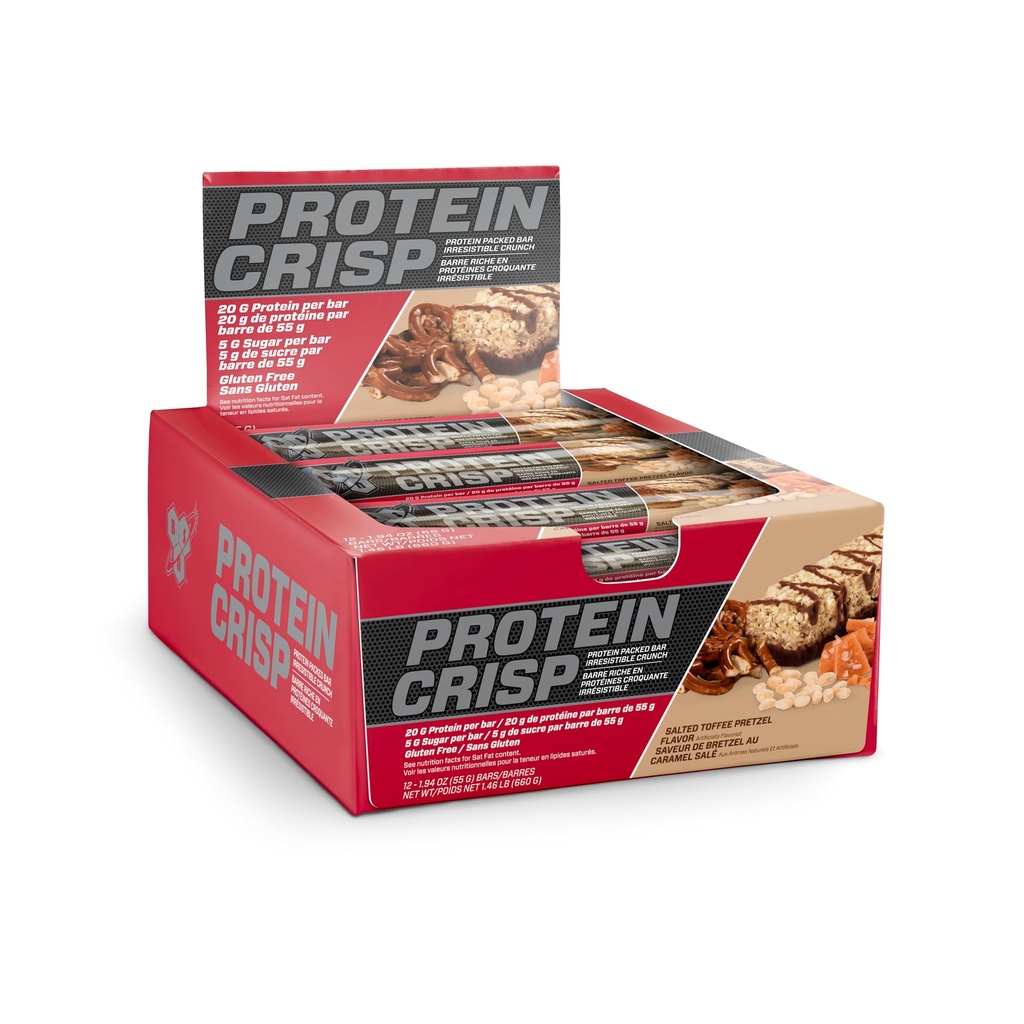 BSN Protein Crisp Bar, 소금 토피 Pretzel, Whey 및 Fiber, Gluten-Free Crunchy Energy Bar for Workout, Fitness, On-the-Go, 12 카운트가있는 20 그램 단백질 스낵 바