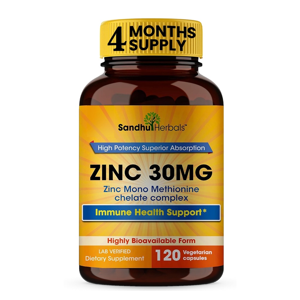 SANDHUHERBALS 아연 남성 & 여성을 위한 30mg 캡슐 | 120의 조사 (팩의 1) | Immune & 산화를 억제하는 지원을 위한 아연 보충교재 | Zink 30 mg 보충교재 지원 피부 건강