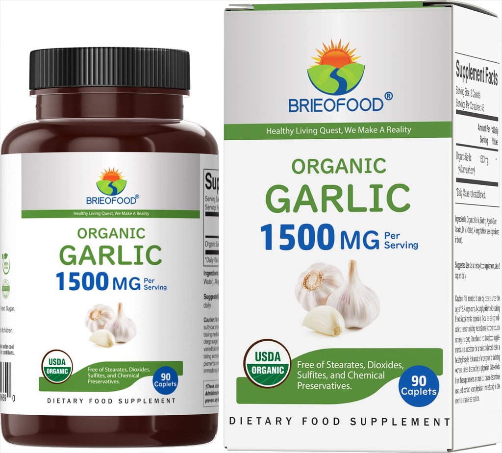 Brieofood 유기 마늘 1500mg, 45 서빙, 채식, 글루텐 무료, 90 채식 정제