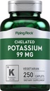 배관 바위 킬레이트 칼륨 보충교재 99mg | 250의 모자 | 칼륨 글루코트 | 채식주의, 비 GMO, 글루텐 무료