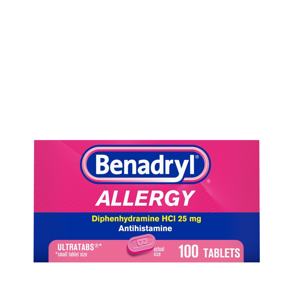 Benadryl Ultratabs Allergy 약, 25 mg Diphenhydramine HCl 항히스타민 정제 냉간 및 뱀처럼 증상의 알레르기 완화, Runny Nose, Itchy Eyes & Throat, Hay Fever, 100 카운트 정제