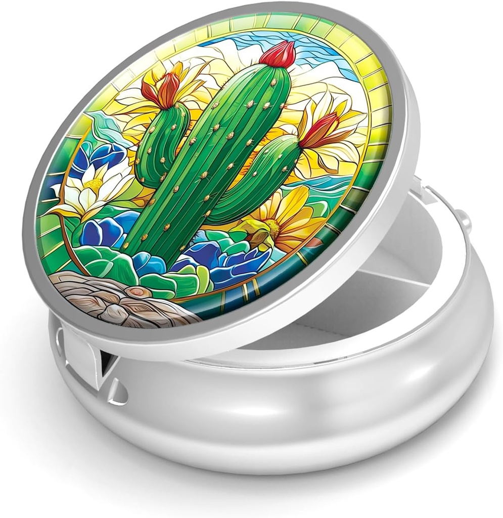 Pill Box-3 Compartment Purse & Pocket Mini Metal Pill Holder Travel Pill Container를 위한 작은 알약 케이스는 비타민 BPA-Free (Cactus)를 보유합니다