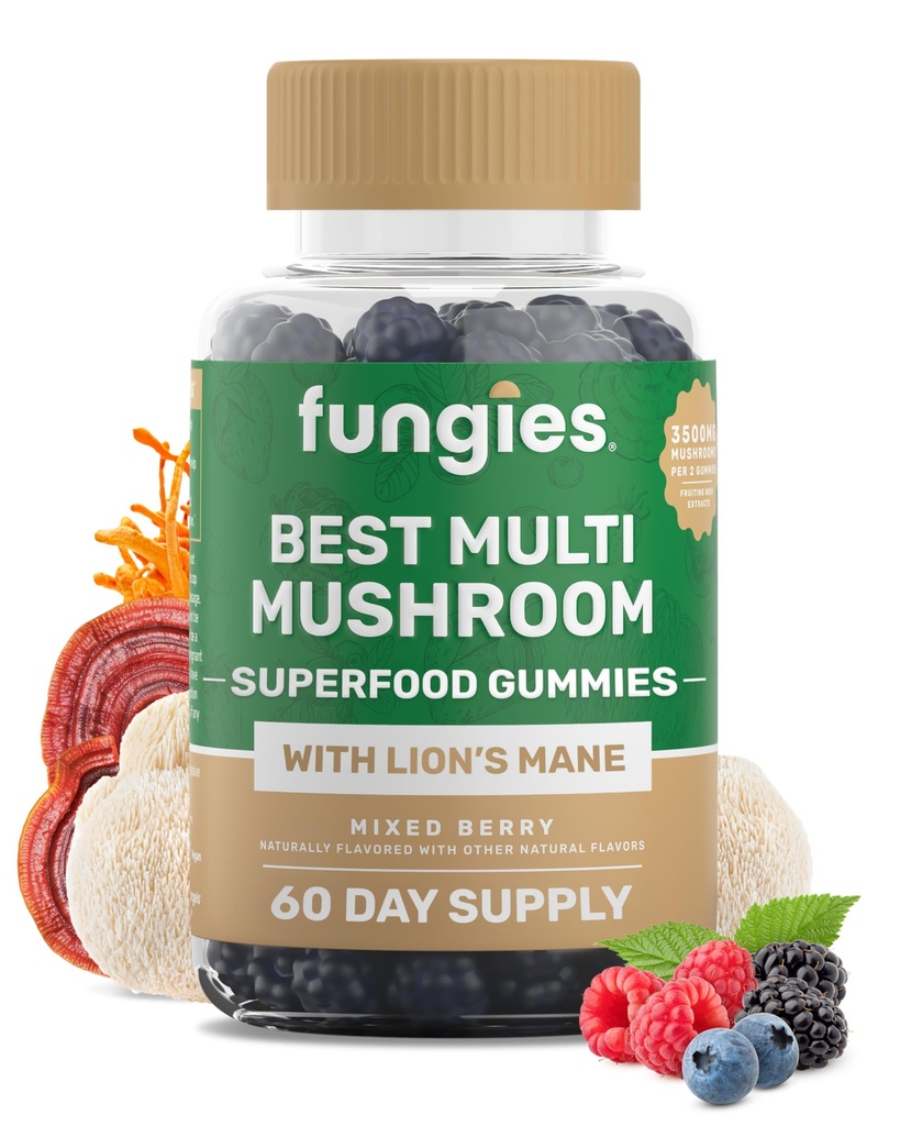 남성과 여성을위한 Fungies 멀티 버섯 구미 - 버섯 보충은 Lion 's Mane, Cordyceps, Reishi, Chaga, Shiitake, Maitake & Turkey Tail - Gelatin-Free, Gluten-Free & Vegan Gummy Vitamins를 포함합니다.