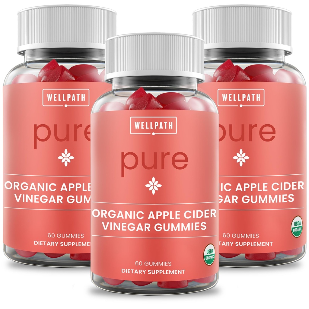 WellPath Pure Organic Apple Cider Vinegar Gummies from The Mother (3 Pack) - 과트 건강을위한 Ginger로 제작 | Vegan, Non-GMO, 180 Ct