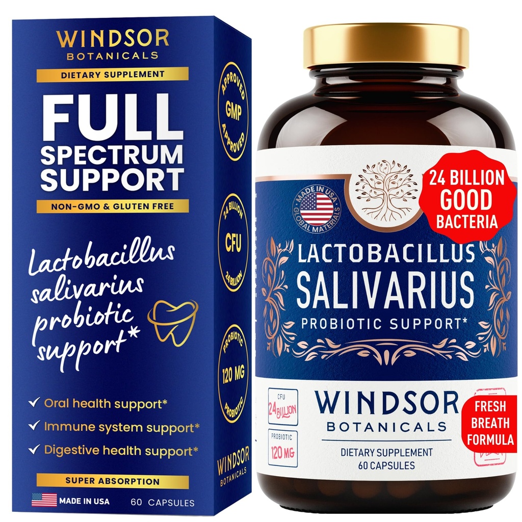 Lactobacillus Salivarius Probiotic - Teeth 및 Gums를위한 24bn CFU L Salivarius 치과 Probiotics - 성인, 면역 지원, 소화 건강을위한 나쁜 호흡 치료 - 60 구두 Probiotic 캡슐